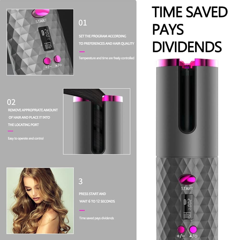 Automatic Curling Iron, Hair Curling Iron for Hair Styling, Cordless Auto Hair Curler, with 6 Temps and Timers, Auto Shut-Off, Fast Heating, Rechargeable Cordless Hair Curler 1 (Gray)
